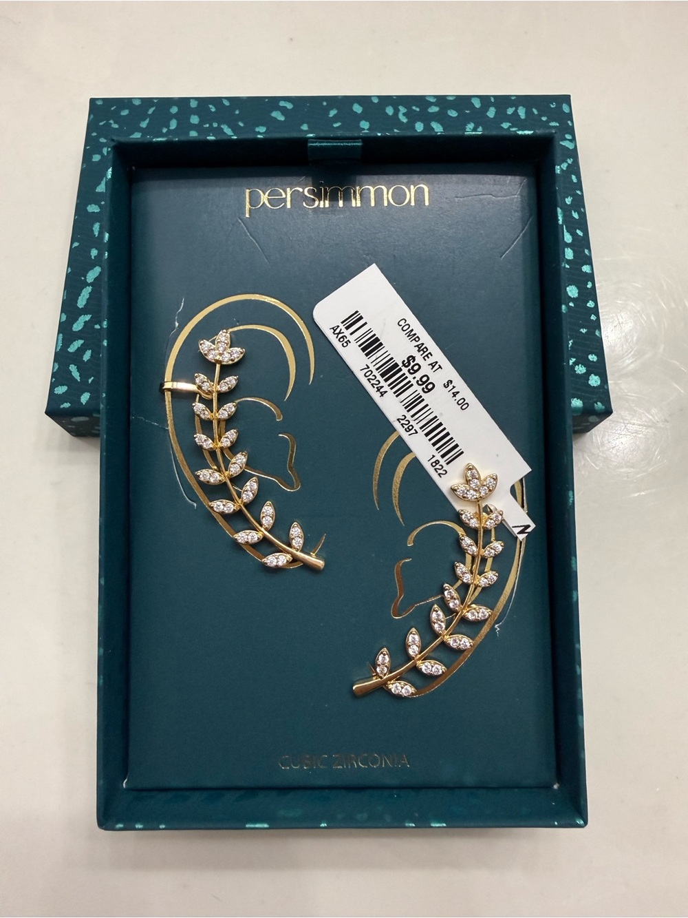 Persimmon Gold Leaf Ear Crawler Earrings with Sparkling Stones - Gold